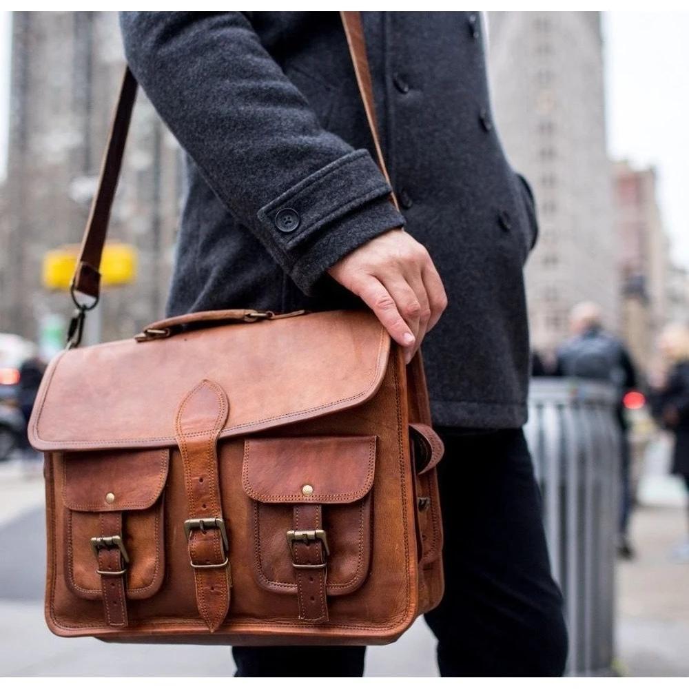 Handcrafted leather briefcase on sale